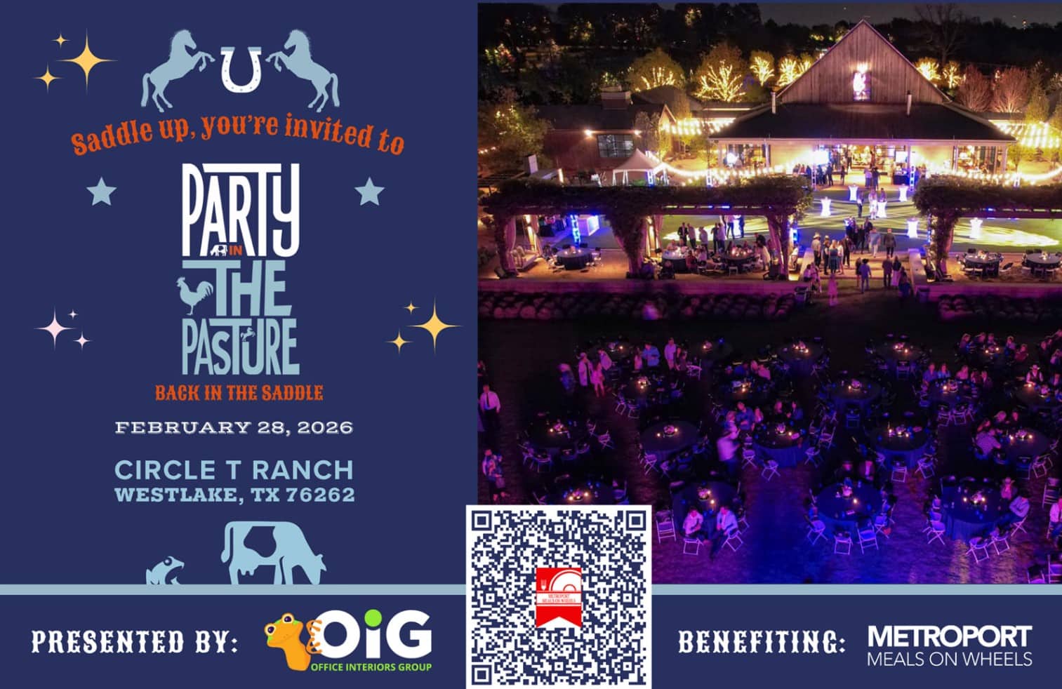 A split event flyer with a navy graphic of horses, a horseshoe, stars, and cattle beside a nighttime photo of round tables under string lights in front of a barn-style building.
