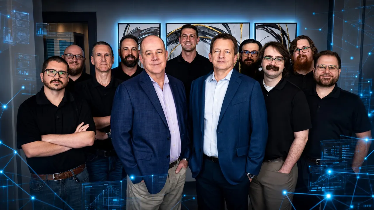 The Aligned Technology Partners team posed together in the office, with blue network graphics overlaid on the photo.