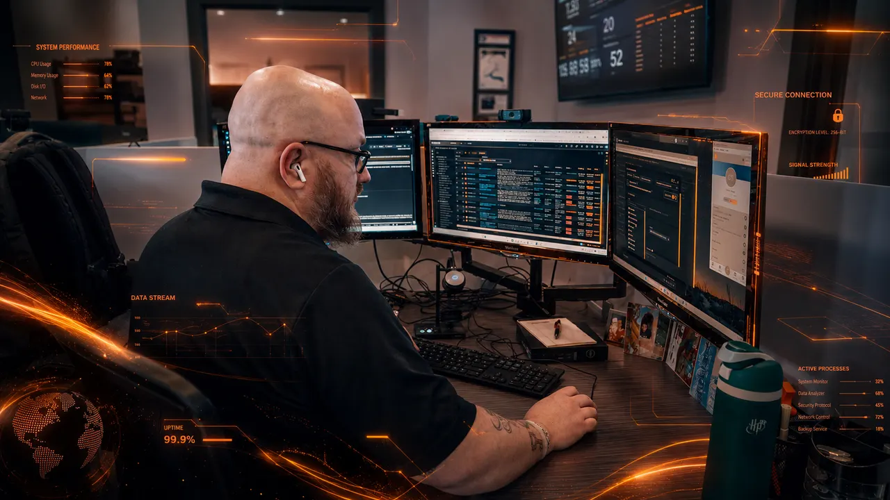 An Aligned Technology Partners engineer monitoring client systems across a multi-screen workstation.