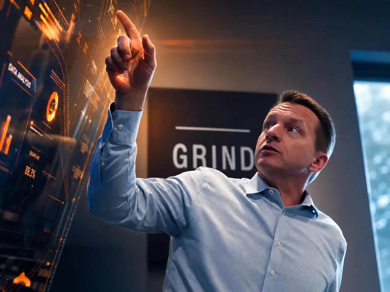 An Aligned Technology Partners leader reviewing business performance data on an interactive display.