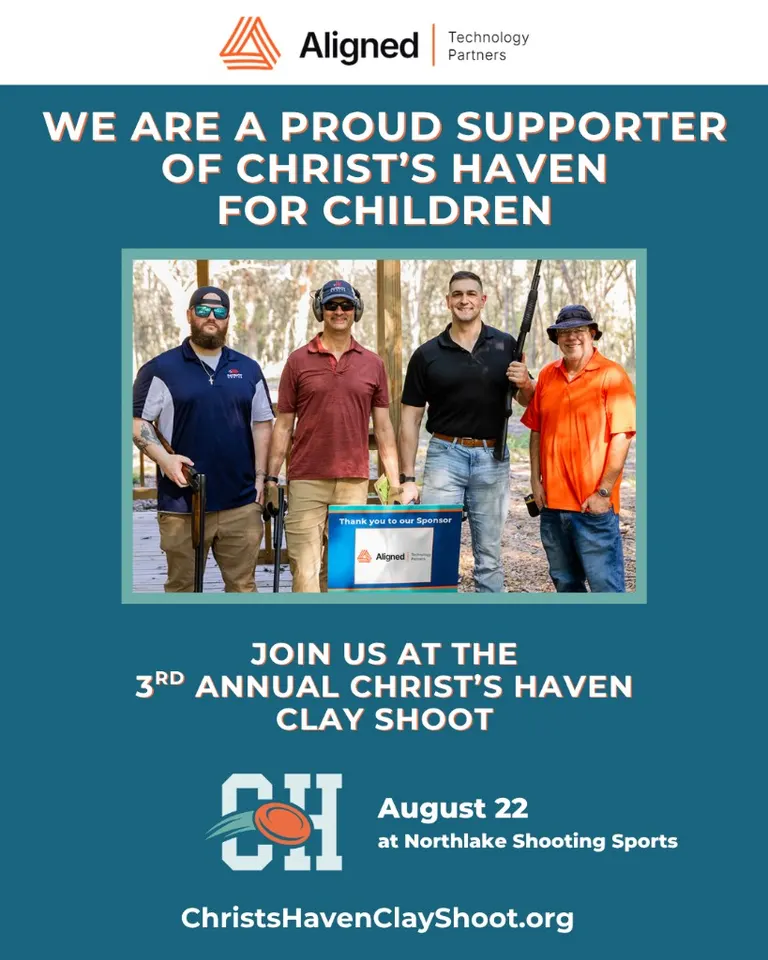 Aligned Technology Partners graphic announcing its support of Christ’s Haven for Children and the 3rd Annual Christ’s Haven Clay Shoot on August 22 at Northlake Shooting Sports, with the ATP team pictured at the event.