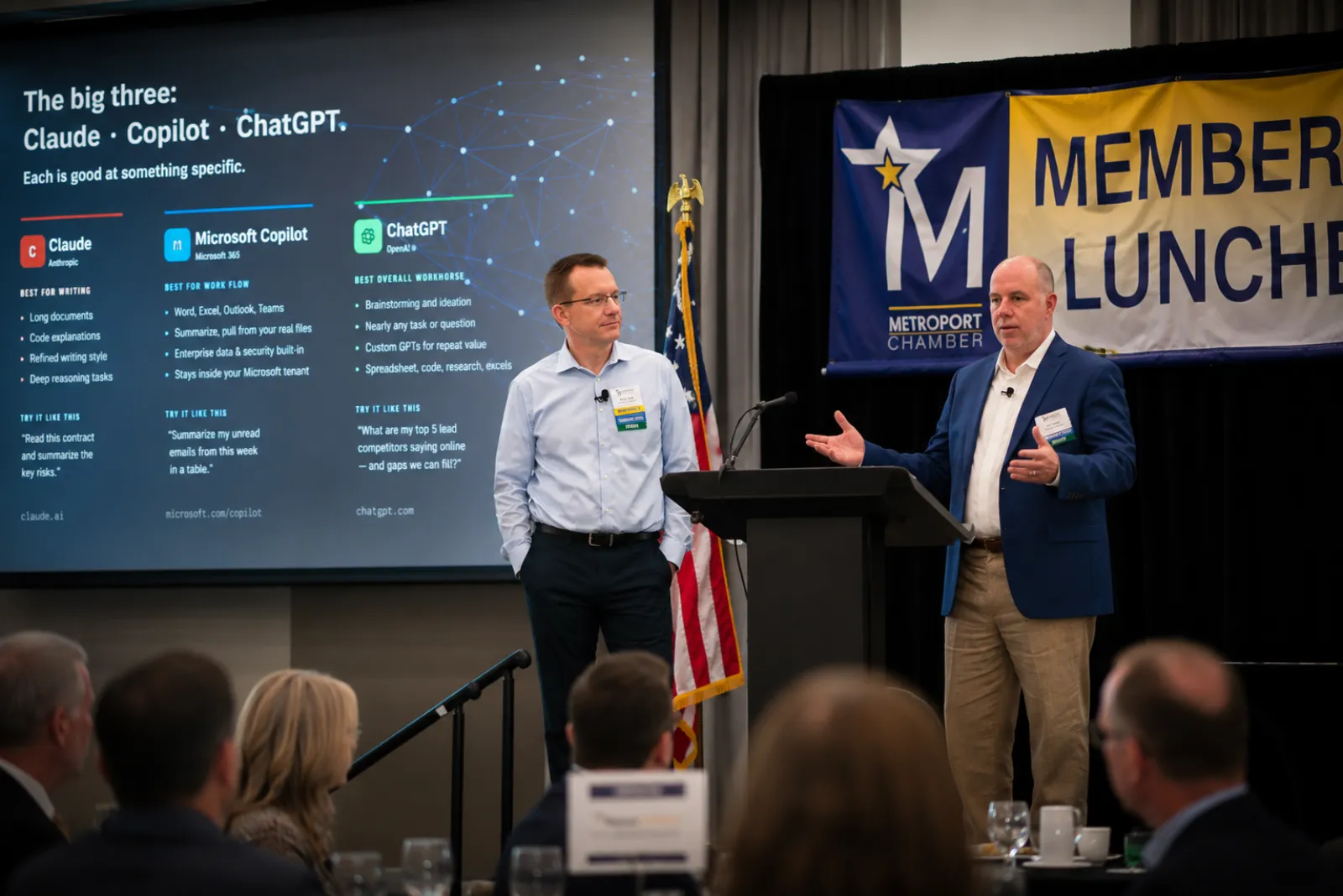 Aligned Technology Partners presenting on Claude, Copilot, and ChatGPT at a business event