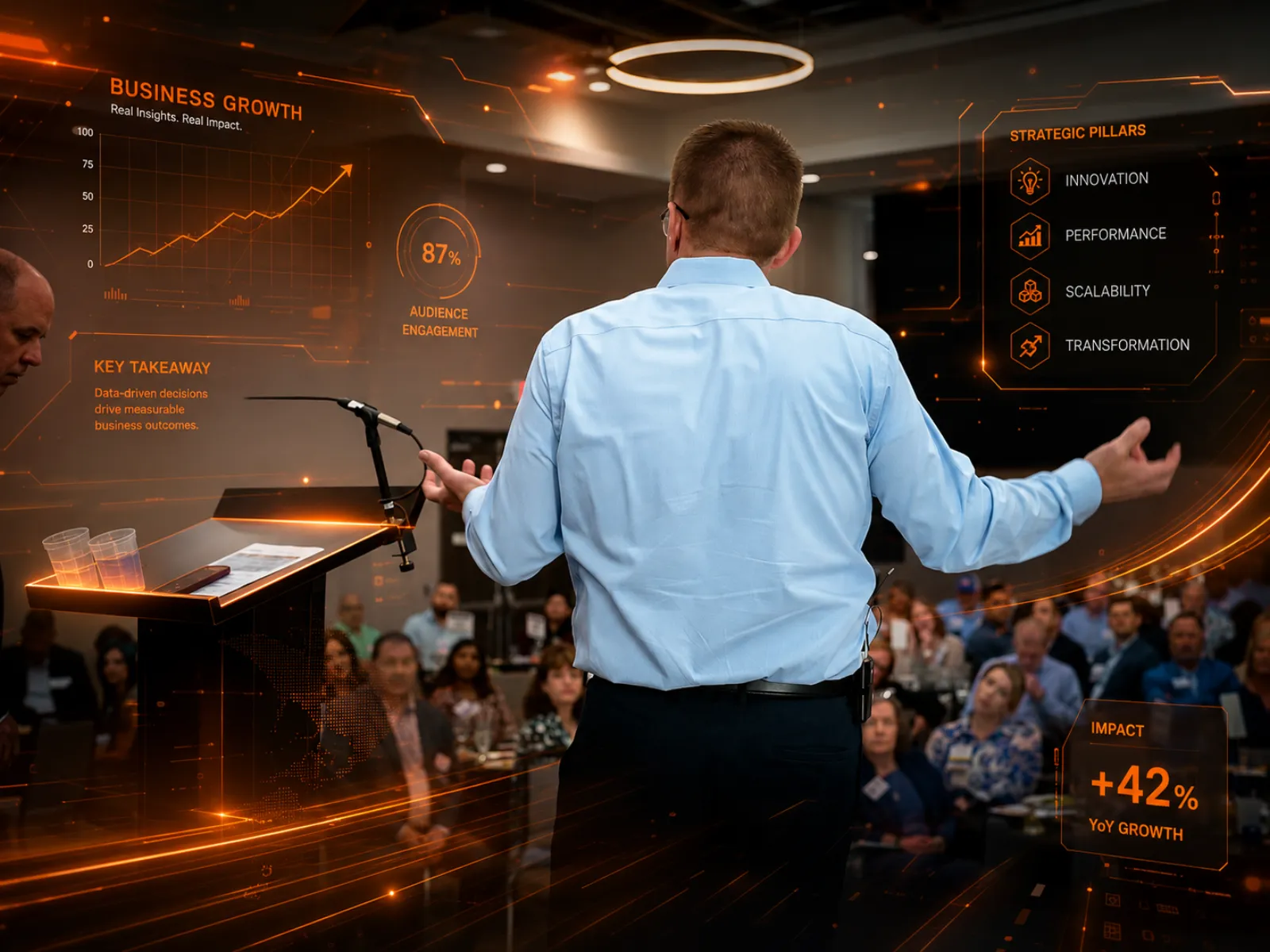 An Aligned Technology Partners speaker presenting AI adoption insights to an engaged audience