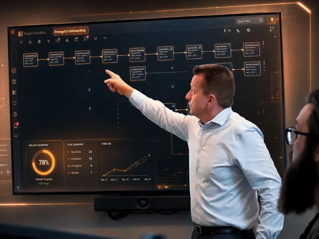 An IT professional points to a shared onboarding dashboard while reviewing progress with a colleague