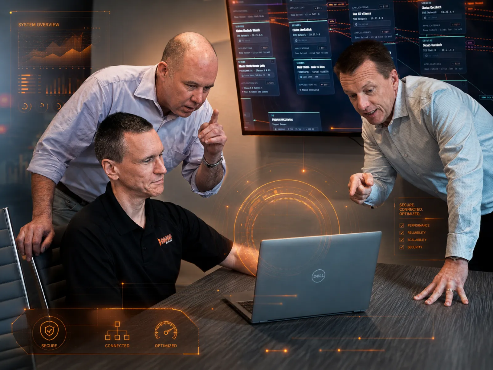 Aligned Technology Partners team reviewing a secured, monitored network dashboard together