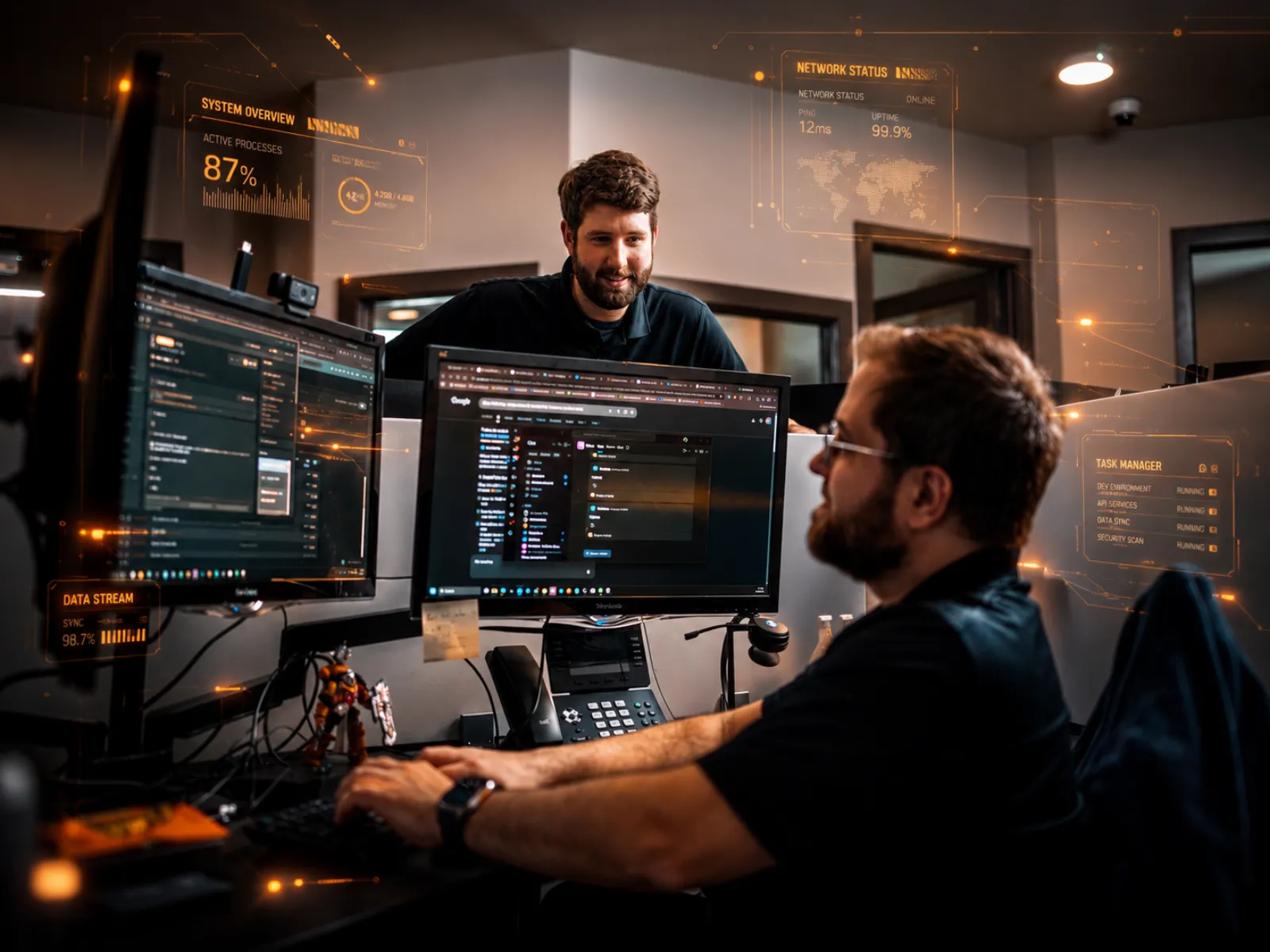 Two Aligned Technology Partners engineers reviewing live system status on dual monitors